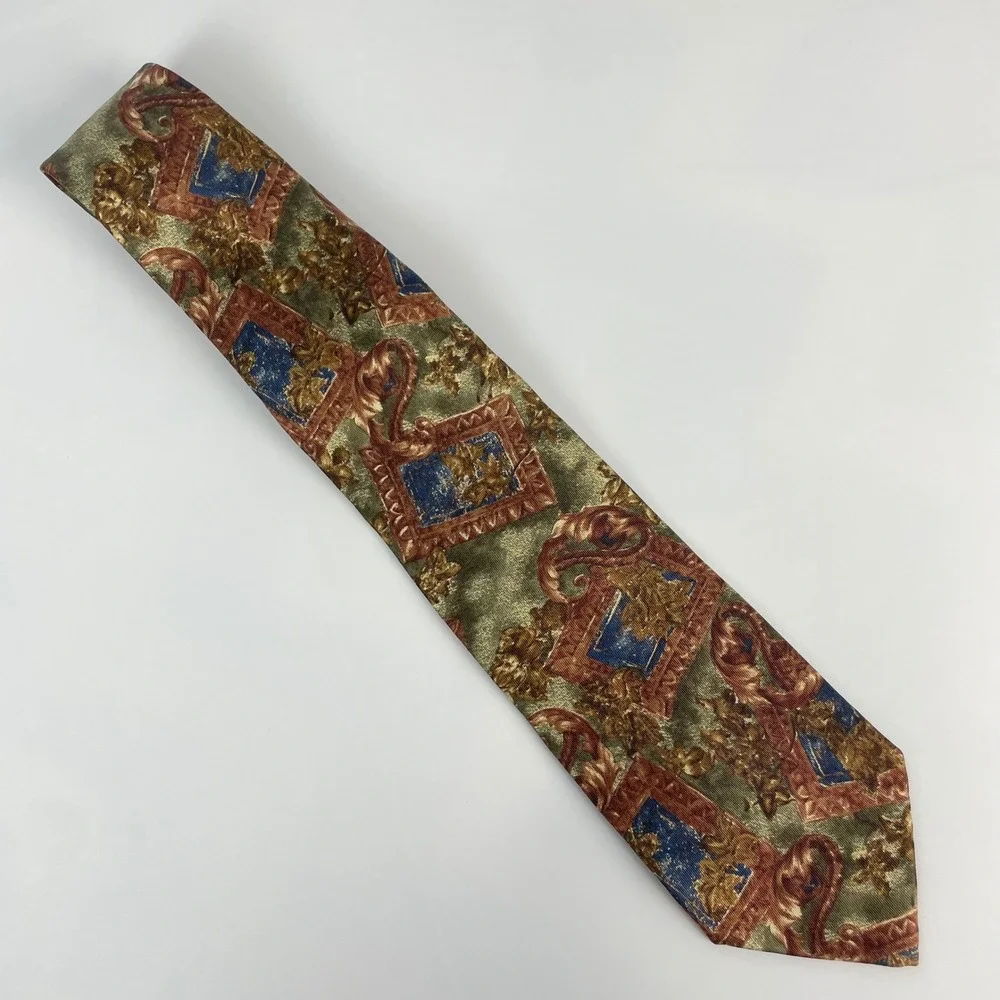 Vintage Deadstock Necktie Detailed Ornate‎ Men Tie Blue Copper Gold Silk Retro